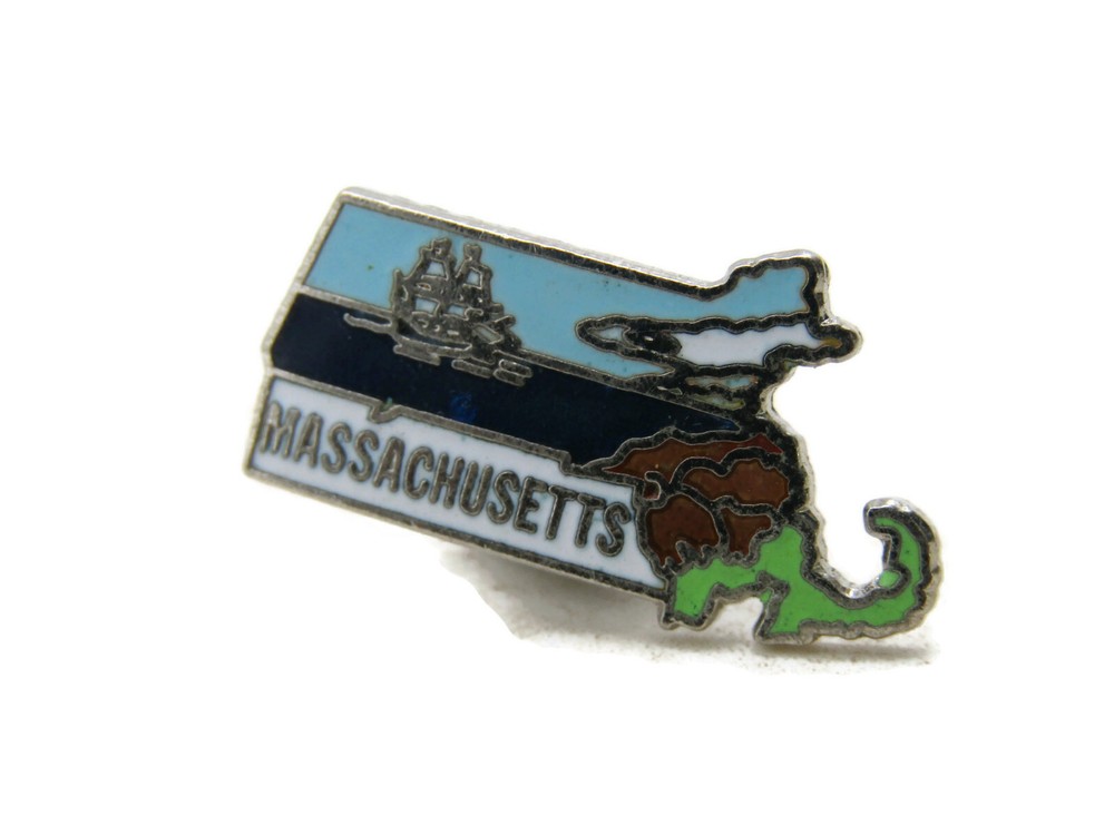 Vintage Massachusetts State Shape Lapel Pin MA Souvenir Tall Ship Cape Cod