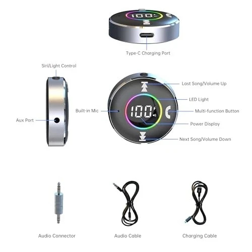 Bluetooth Receiver for Car, Bluetooth 5.3 AUX Adapter with LED Battery Silver