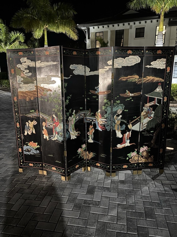 Antique Oriental 6 Panel black Lacquered Coromandel Screen Double-Sided Divider