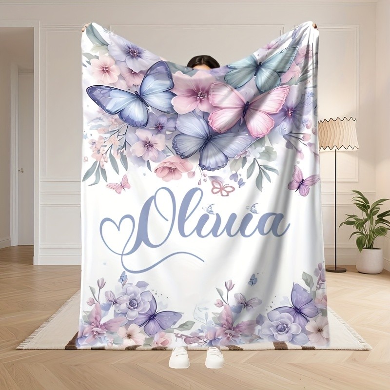 Comfortable Throw Blanket Featuring Personalized Name Floral Butterfly Designs♢