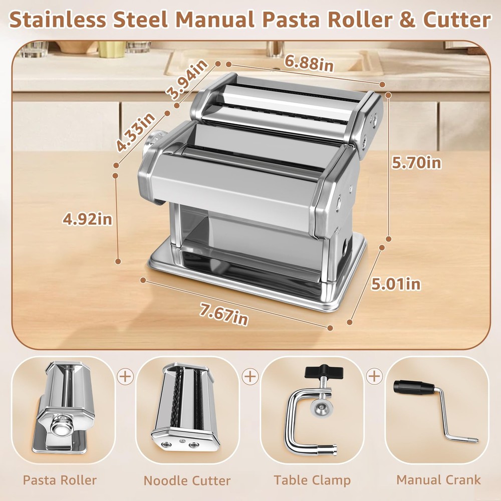 Pasta Maker - 7 Thickness Settings Roller & 2-in-1 Cutter, Silver