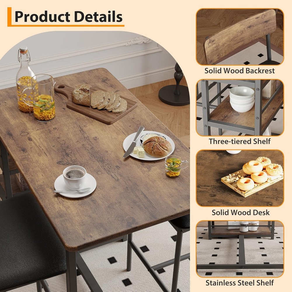 Dining Table Set 2 Counter Height Kitchen Table W/ 2 Upholstered Bar Stools