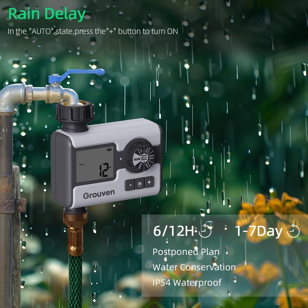 Programmable Garden Water Timer with Rain Delay & Manual/Auto Irrigation