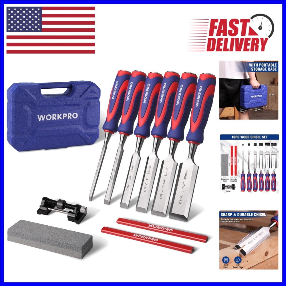 Complete Woodworking Chisel Kit - 10-Piece Bevel Edge Set with Sharpening Tools