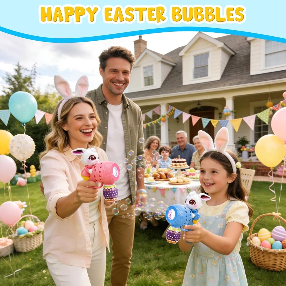 Easter Bunny Bubble Gun for Kids, 2 Pack Rabbit Bubble Machine Kit for Toddlers,