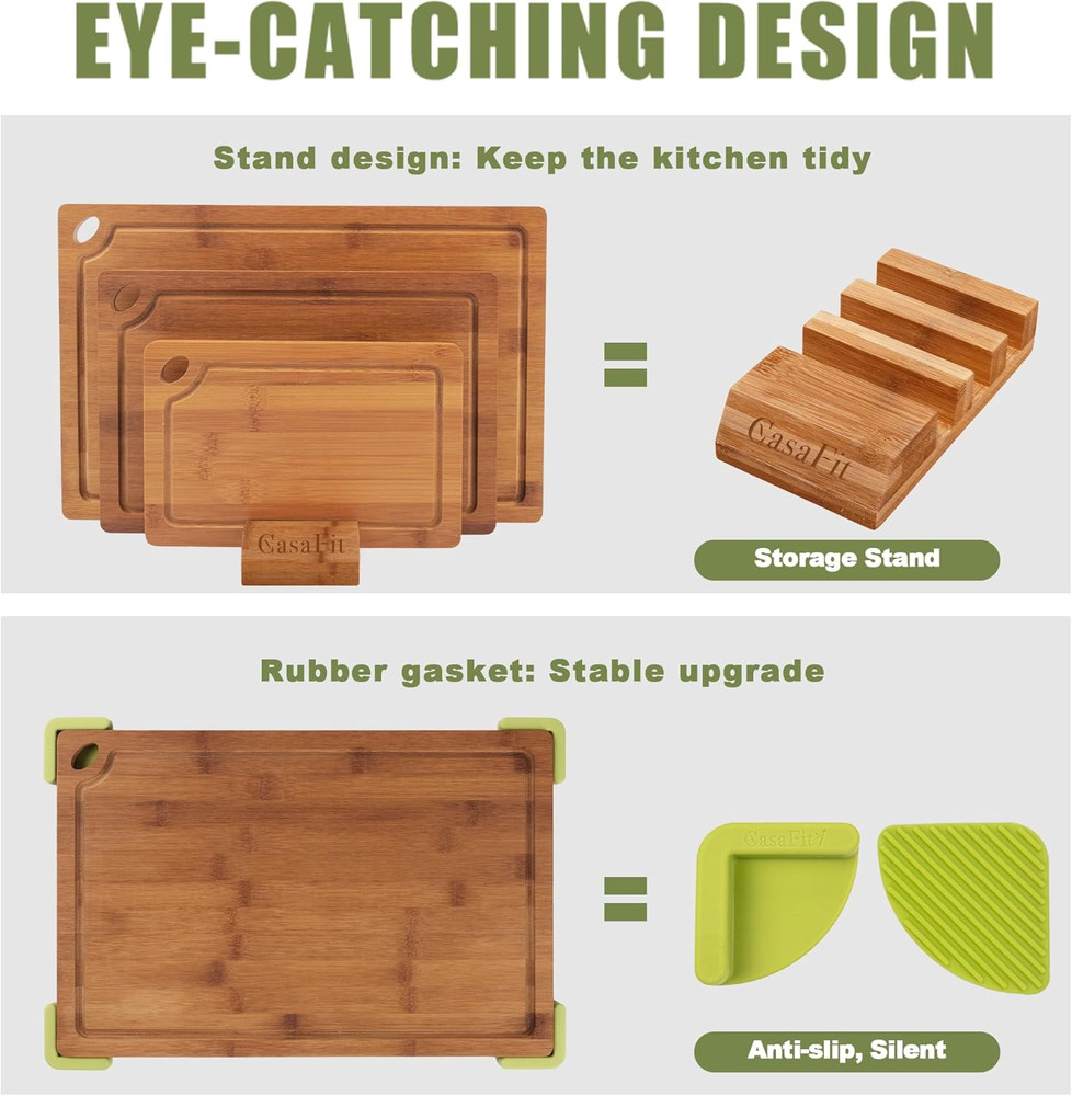 3-Piece Organic Bamboo Cutting Board Set for Kitchen - Carbonized Extra Sturdy C