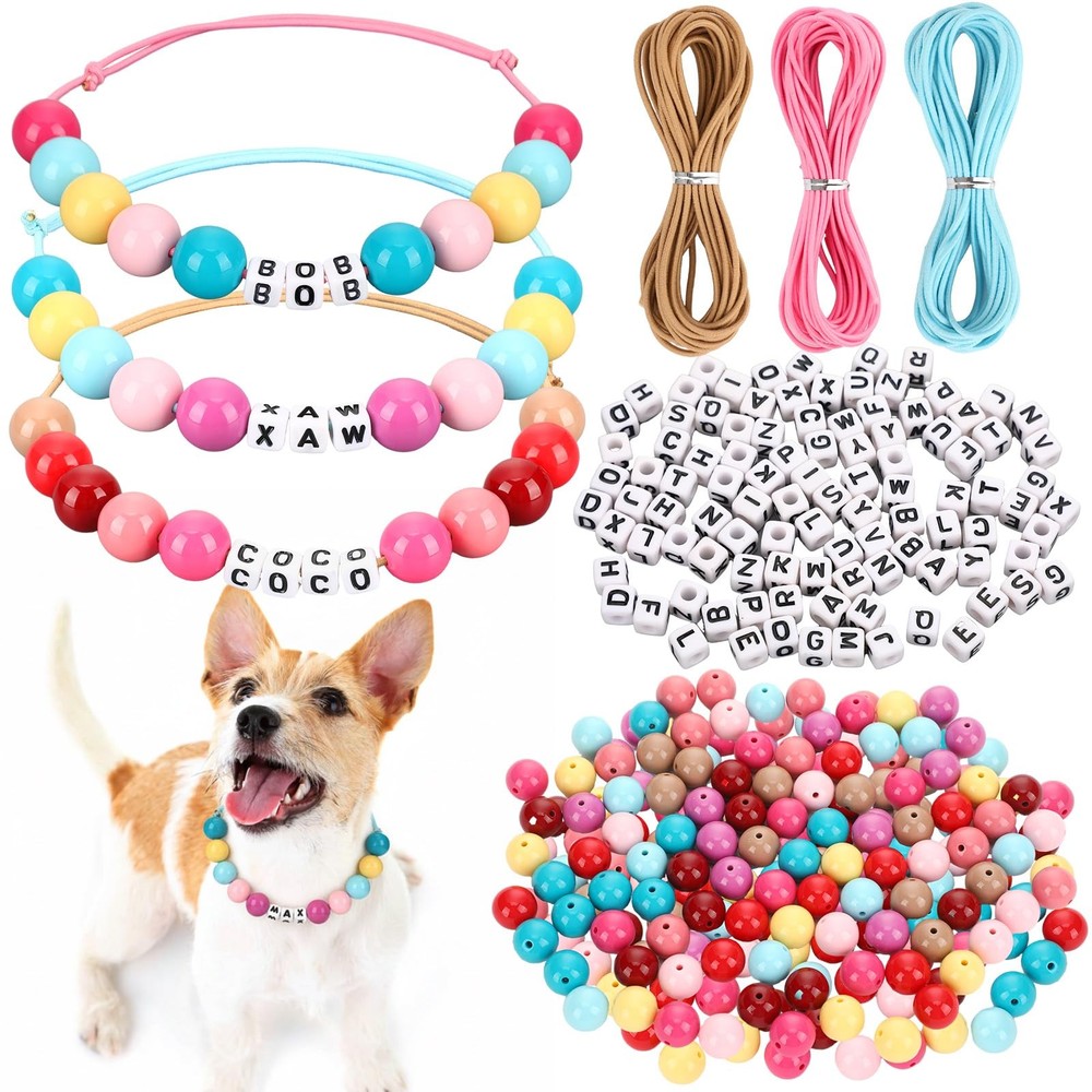 Personalized DIY Beaded Dog Collars Adjustable Letter Name Colored Large Bead...