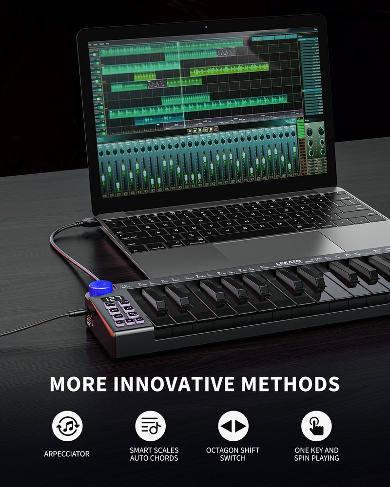 LEKATO 25 Key Keyboard Rechargeable Bluetooth MIDI Keyboard Controller Sensitive