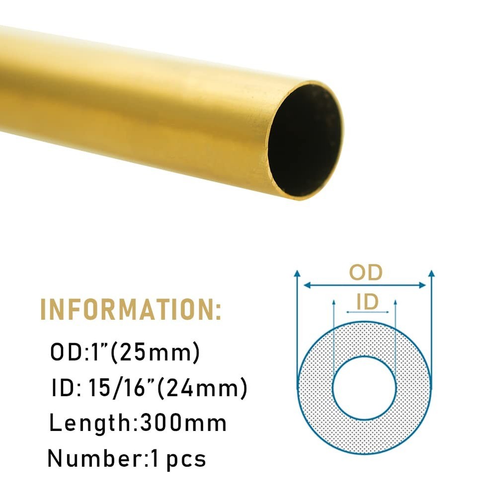 H62 1"25mm OD Brass Tube 0.5mm Wall Ã— 300mm Length Brass Tubing Seamless Roun