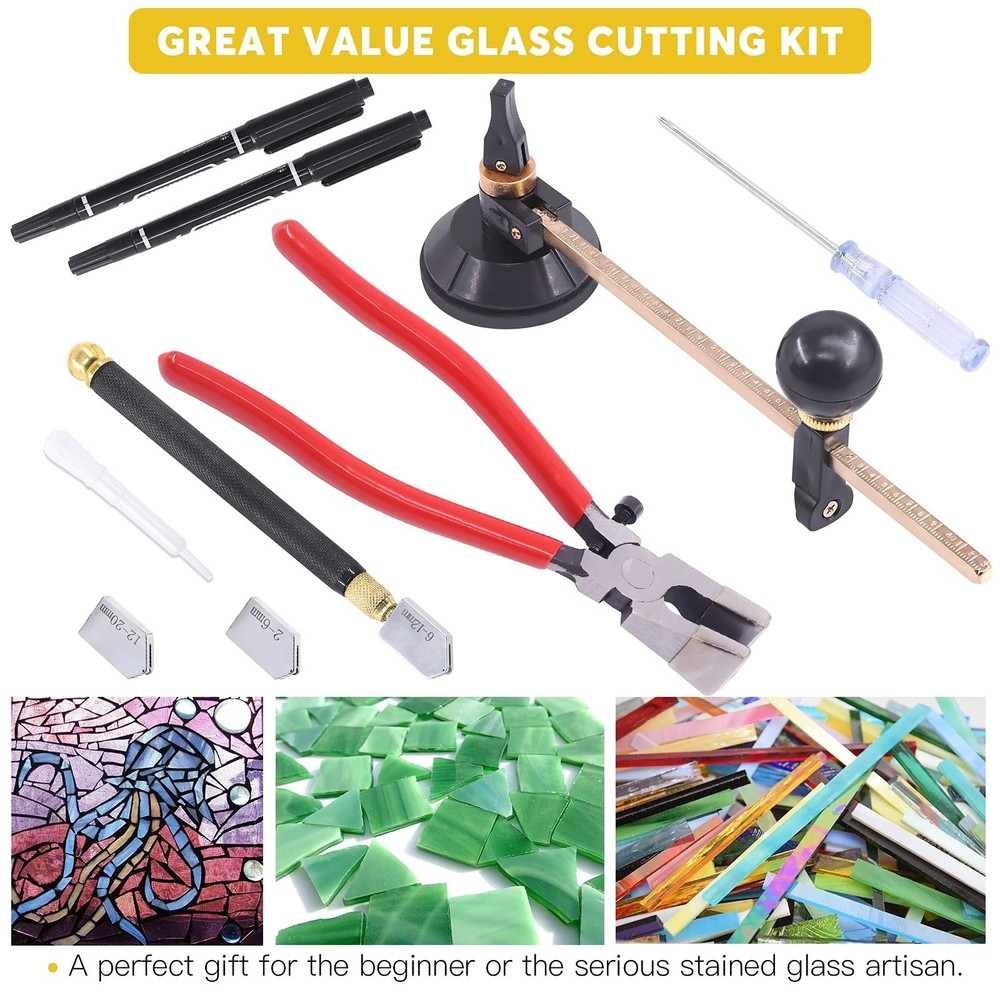 Mardatt 9 Pcs Glass Cutting Tool Set Kit Includes Adjustable Circular Glass...