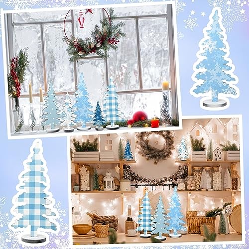 5 Pcs Winter Tabletop Decorations Blue Tree Table Sign Christmas Tree Wooden