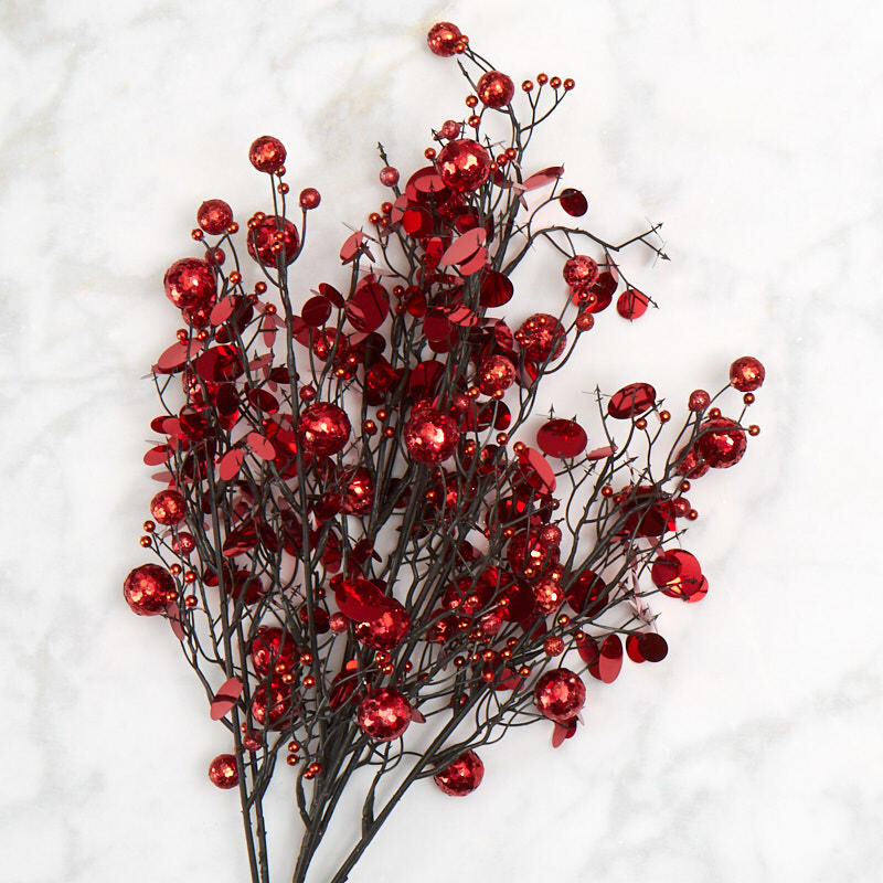 24" Red Glitzy Glittered Ball and Sequin Decorative Bush