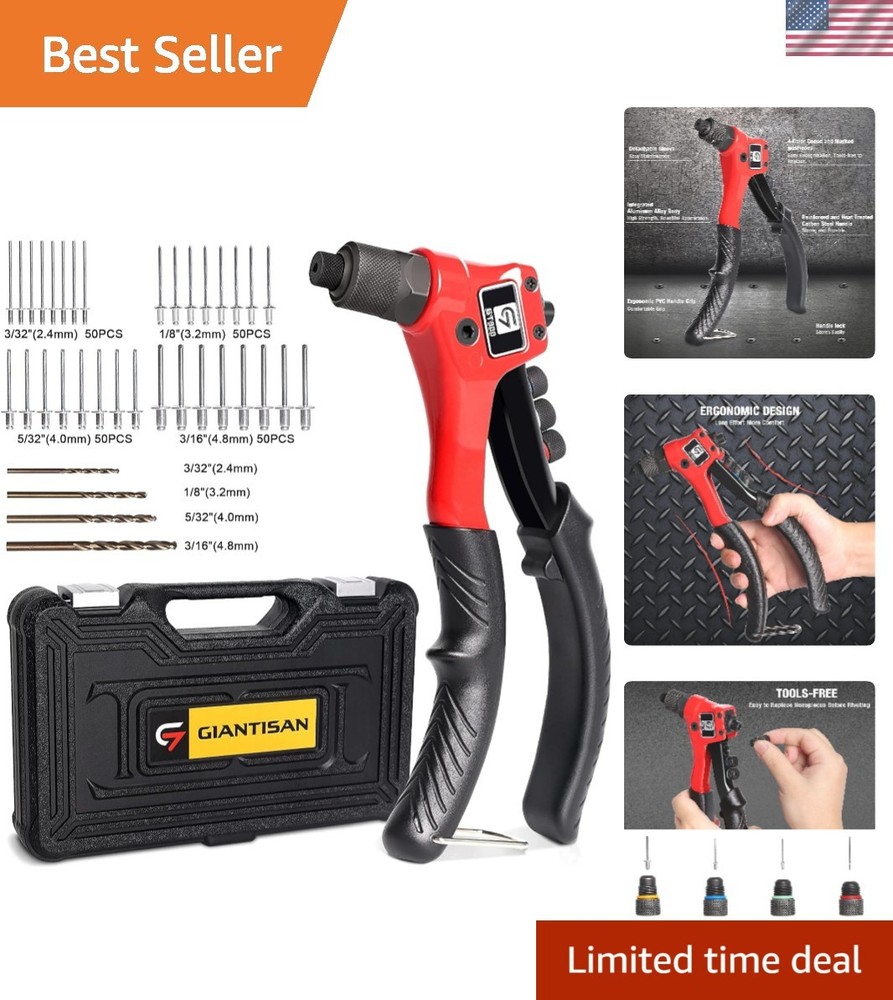 Professional Pop Rivet Tool Kit with Interchangeable Heads & Carrying Case