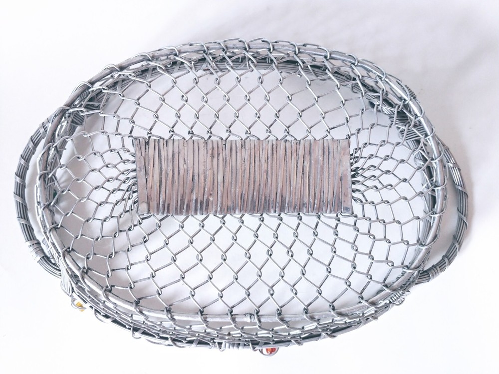 Large Wire Embellished Beaded Basket With Handles