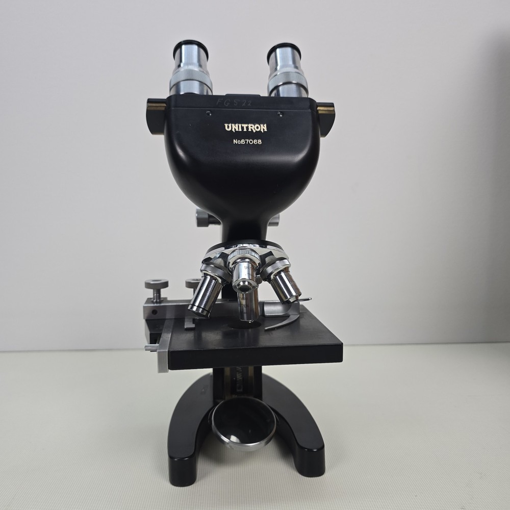 Vintage Unitron BMPE Binocular Phase Microscope Wood Case & Accessories