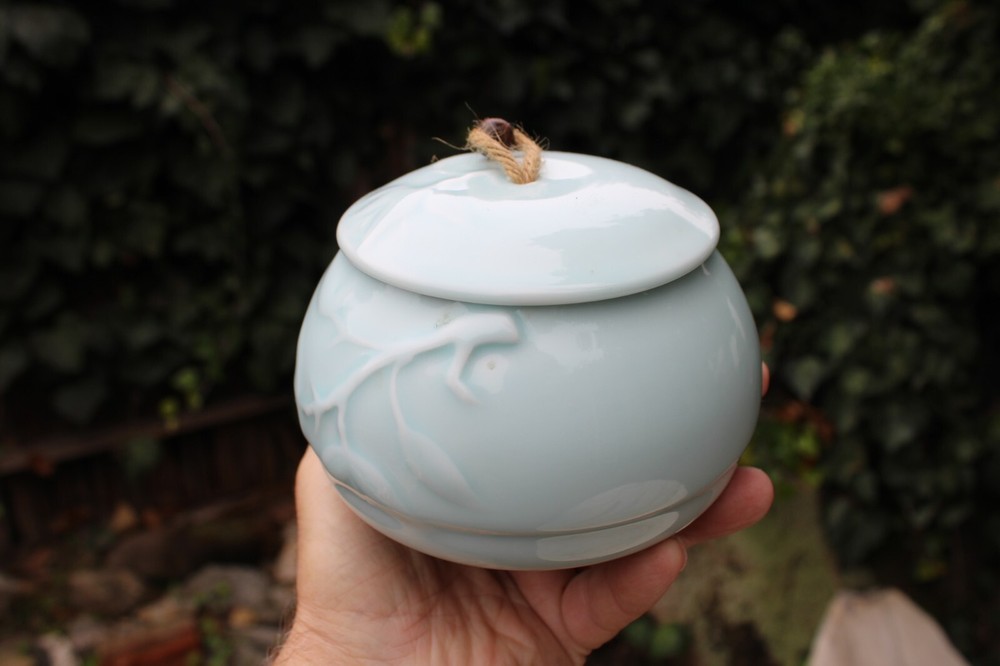 Ceramic Light Blue Pet Urn with Embossed Vines