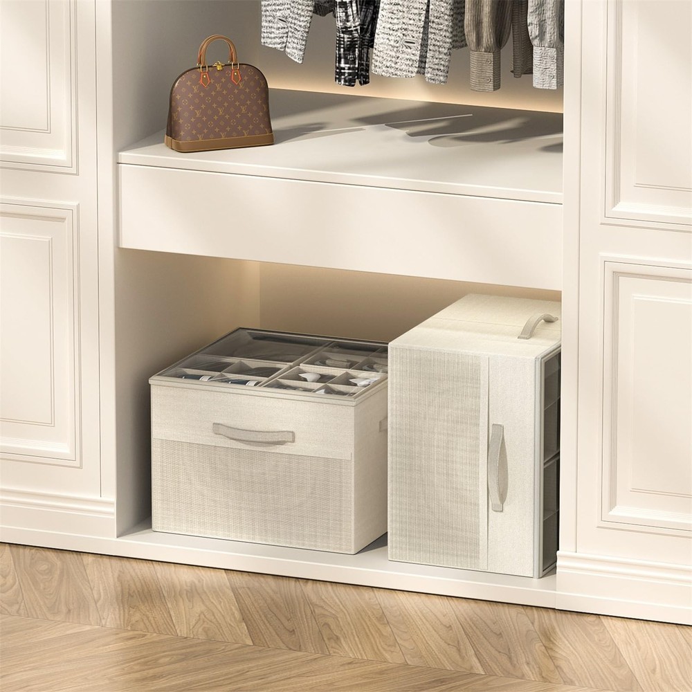 Aokeyee Shoe Organizer for Closet,2 Pack Foldable Storage 2 PCS, Beige