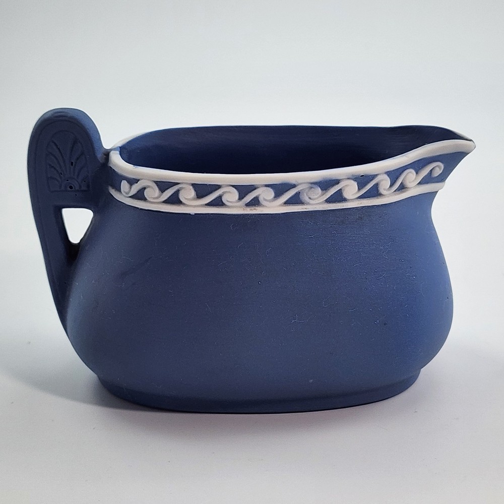 Vintage Jasperware Japan Pitcher Creamer Blue & White Applied Design Bisque EUC