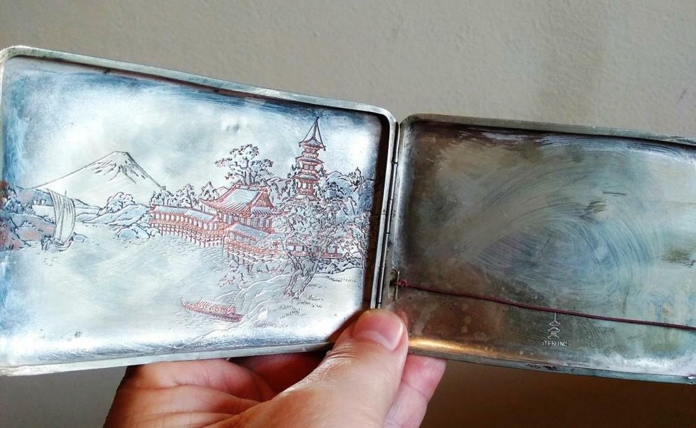 JAPANESE SILVER STERLING CIGARETTE CASE INLAID COPPER