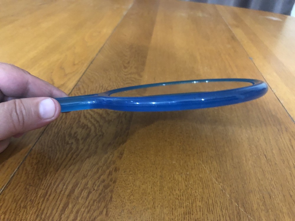 VINTAGE BLUE HANDLE DOUBLE SIDED CIRCULAR PLASTIC MIRROR