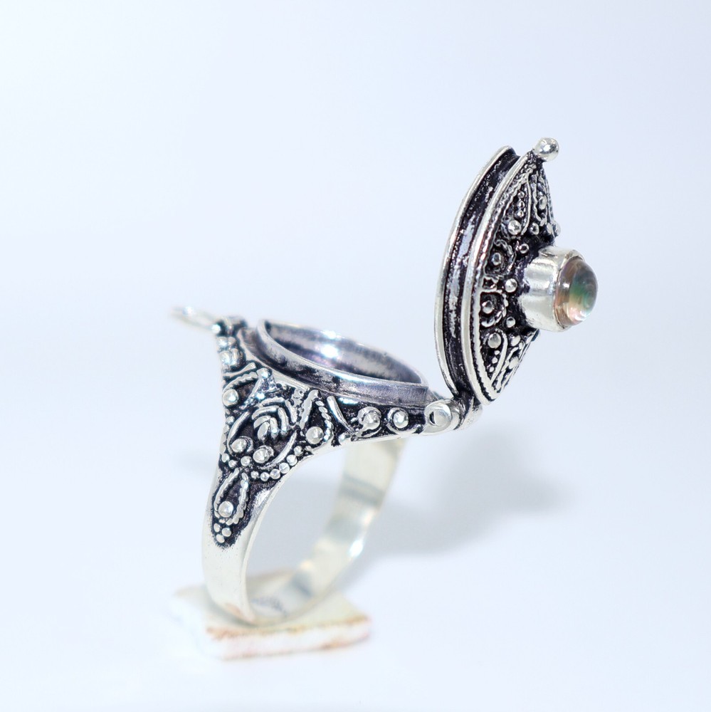 Aurora Opal Stone Poison Ring, 925 Silver Platted, Marquise Shape Ring