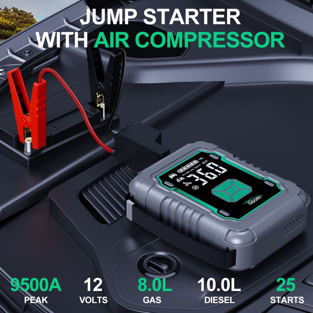 9500A Portable Jump Starter with Air Compressor, LED Light, Power Bank & Case US