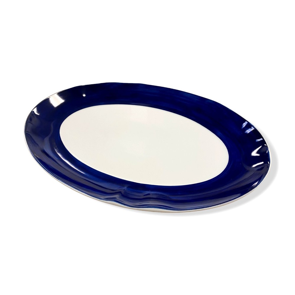 $110 Neiman Marcus Cobalt Blue White Brushstroke Small Oval Serving Platter