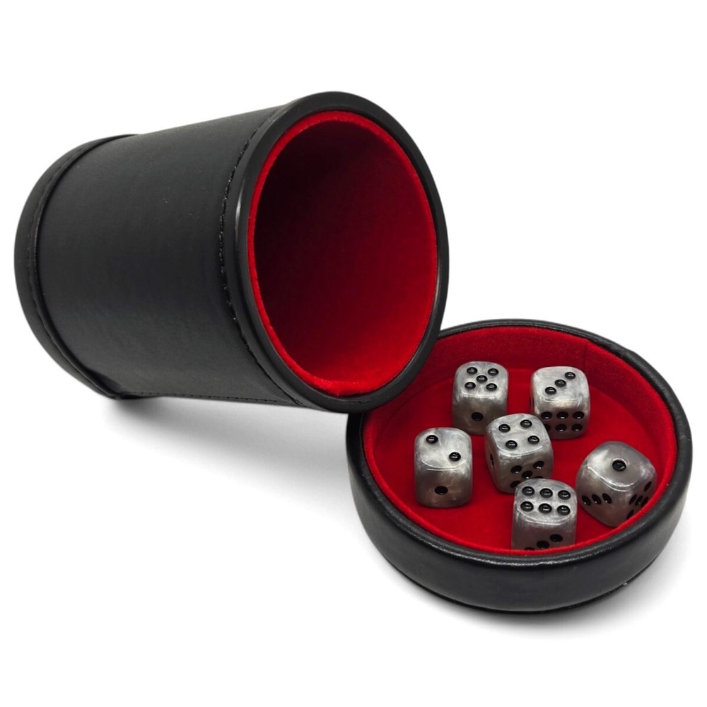 16mm Silver Grey Pearlized Dice + PU Leather Red Felt Lined Cup with Lid Tray
