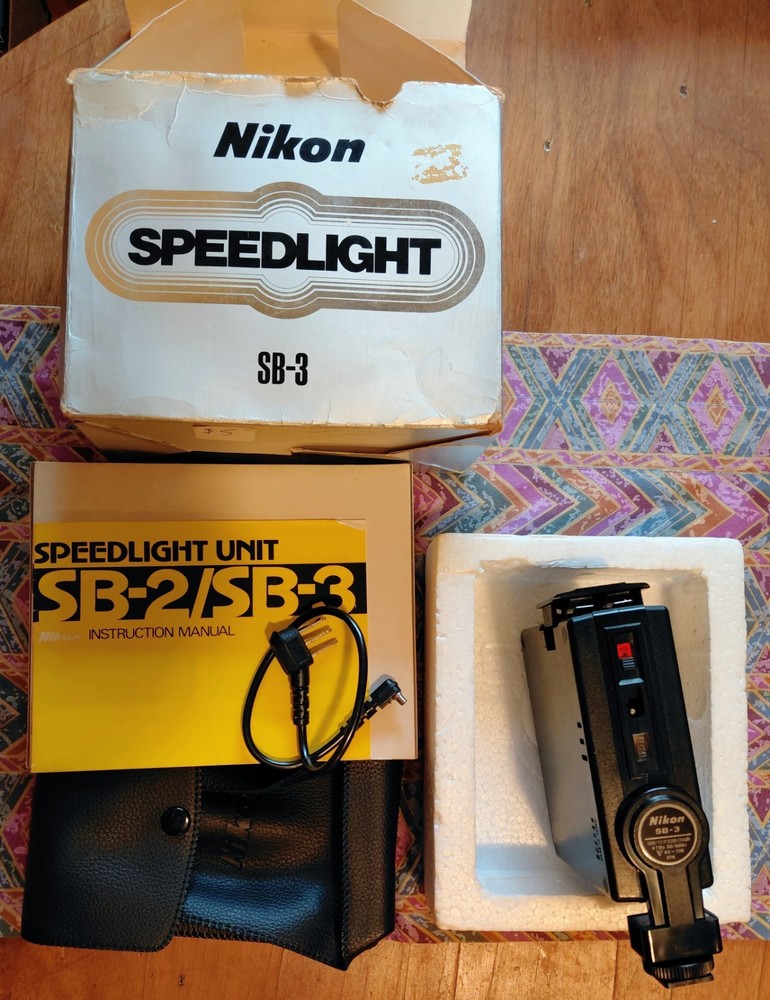 Nikon SB-3 Speedlight Electronic Flash,  Cable, Case, Manual On Original Box