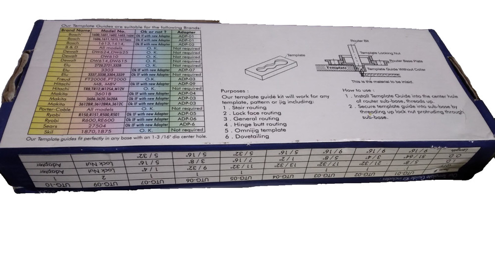 Template Guide Kit Set 1 Adapter, 2 Lock Nuts, 7 Different Template Guides