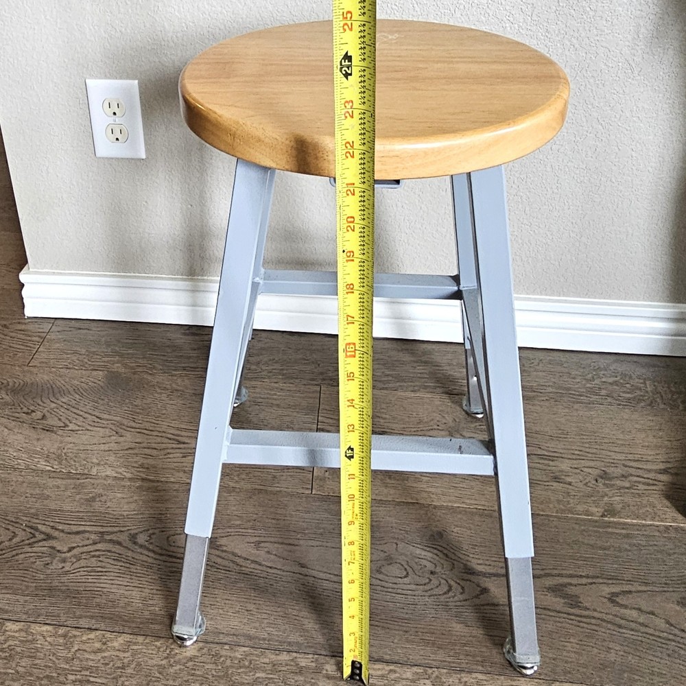 Science Lab Stool, Solid Wood Seat & Steel Frame Adjustable, Gray