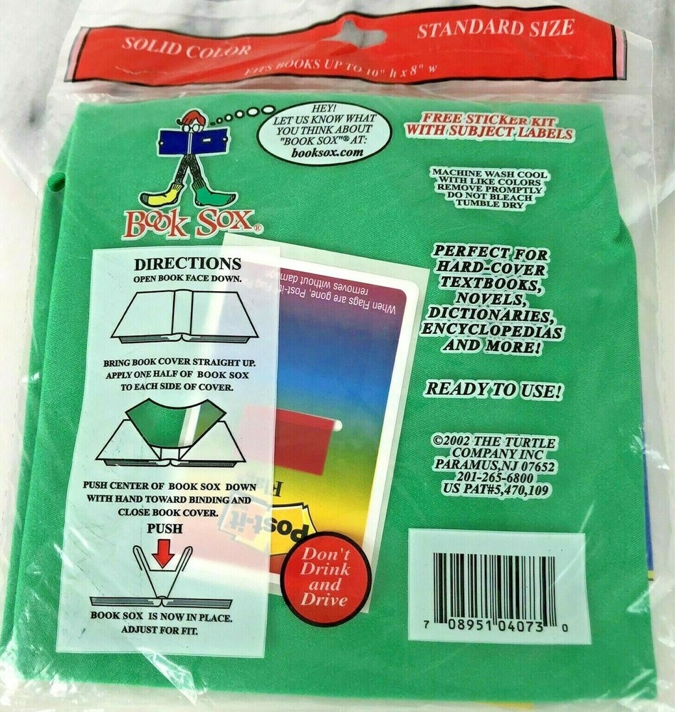 (New) BOOK SOX Original Stretchable Fabric Book Cover STANDARD Size Solid Green