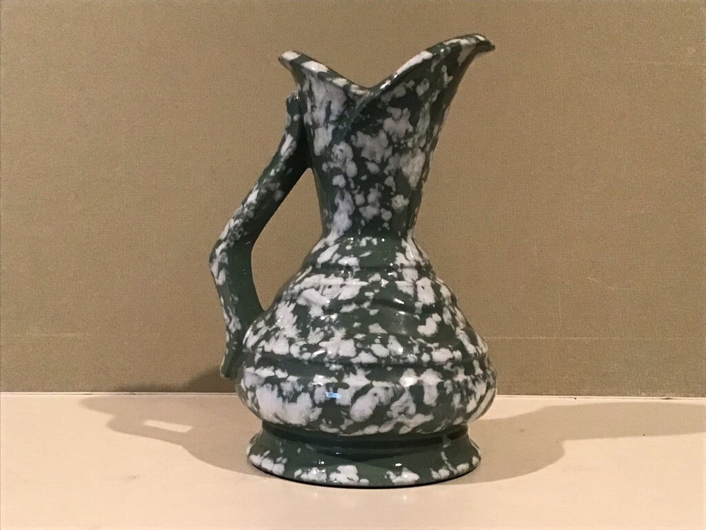 Art Pottery Green & White Mottled Pitcher Vase
