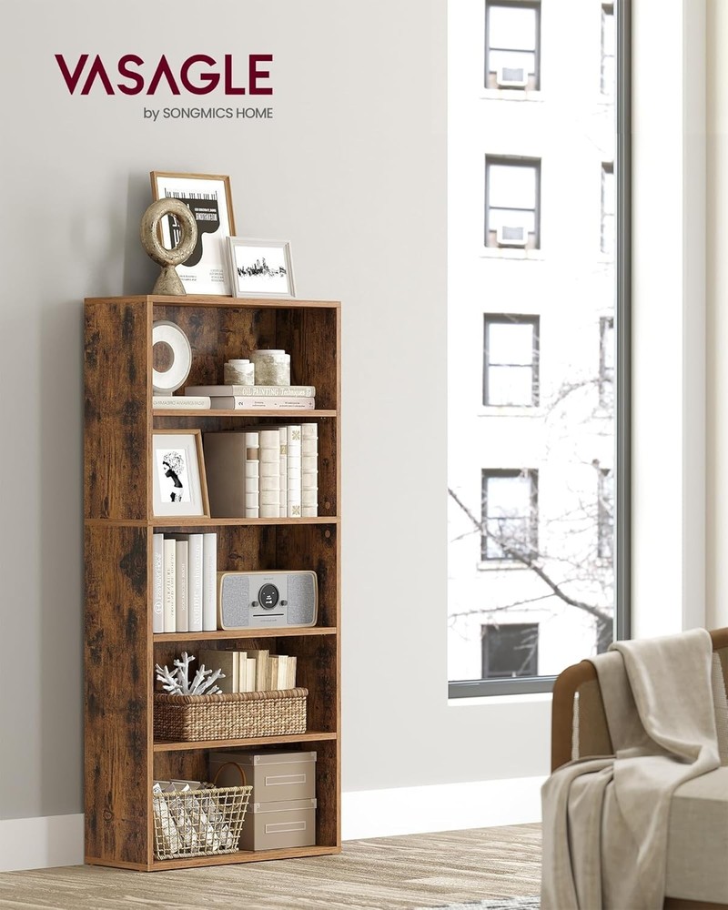 CUSTOS 5-Tier Rustic Brown Bookshelf - Adjustable Open Storage Shelf