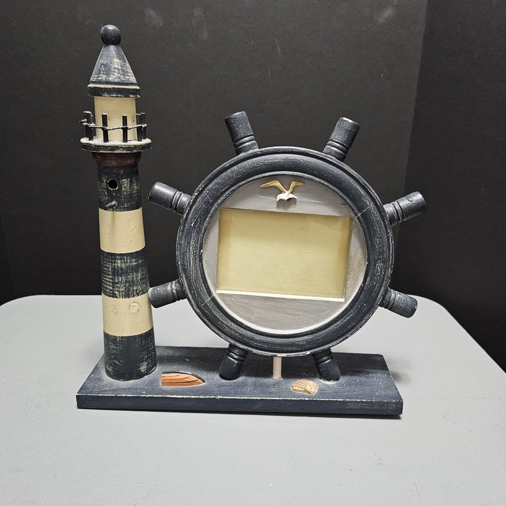 Lighthouse And Ship Wheel Picture Frame