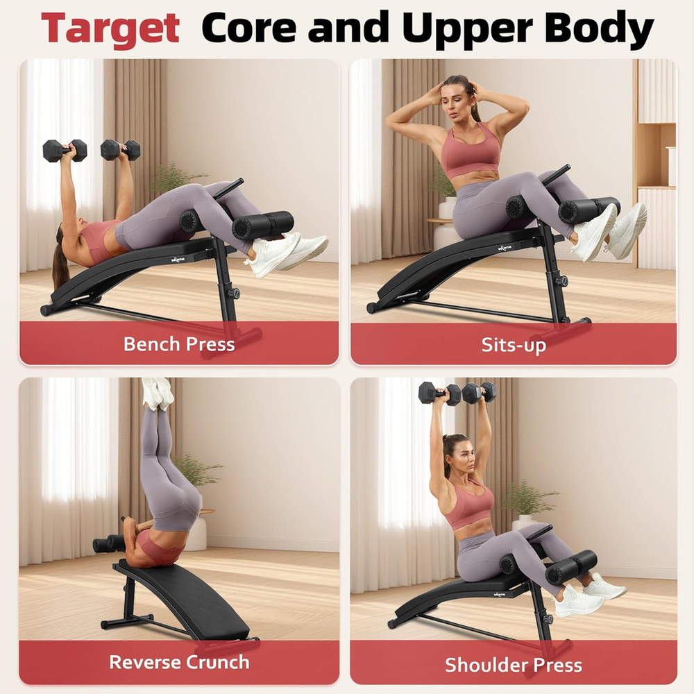 Sit up Bench with 4 Adjustable Heights and Reverse Crunch Handle, Curved Ab Work
