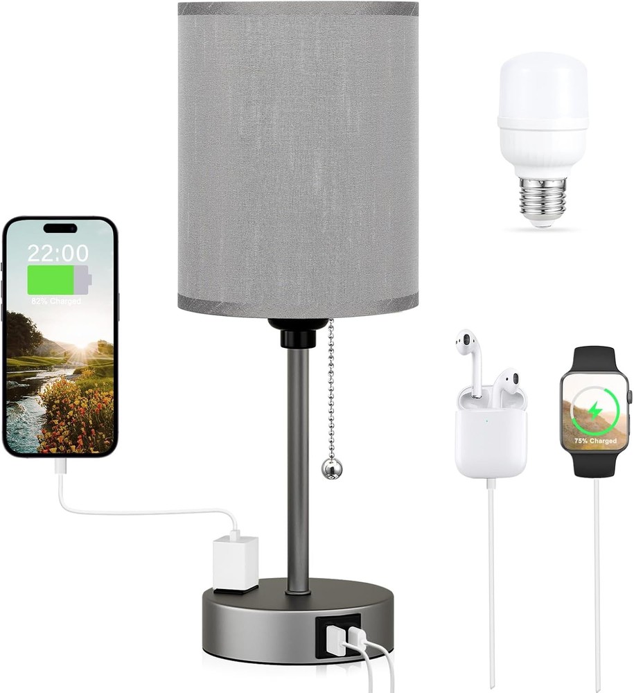 Small Bedside Table lamp for Bedroom - 3 Color Temperatures 14.6in, Grey-Grey