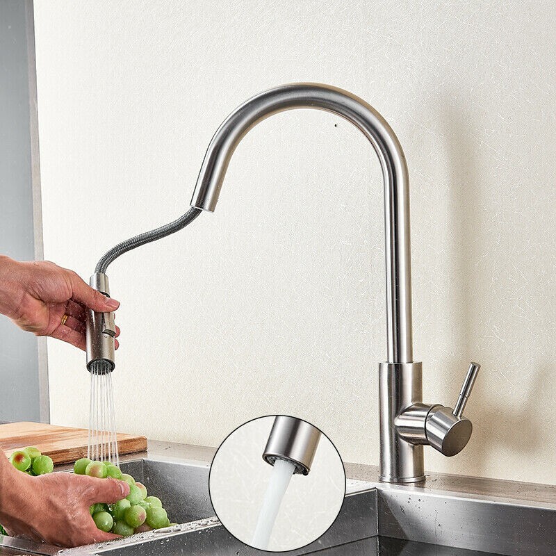 Kitchen Sink Faucet Pull Down Sprayer Brushed Nickel Single Handle Swivel Mixer