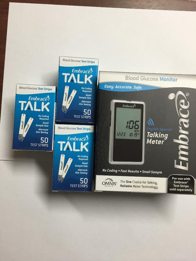 Embrace Blood Glucose 150 Test Strips And TALKING METER NO CODING Exp: 04/01/202