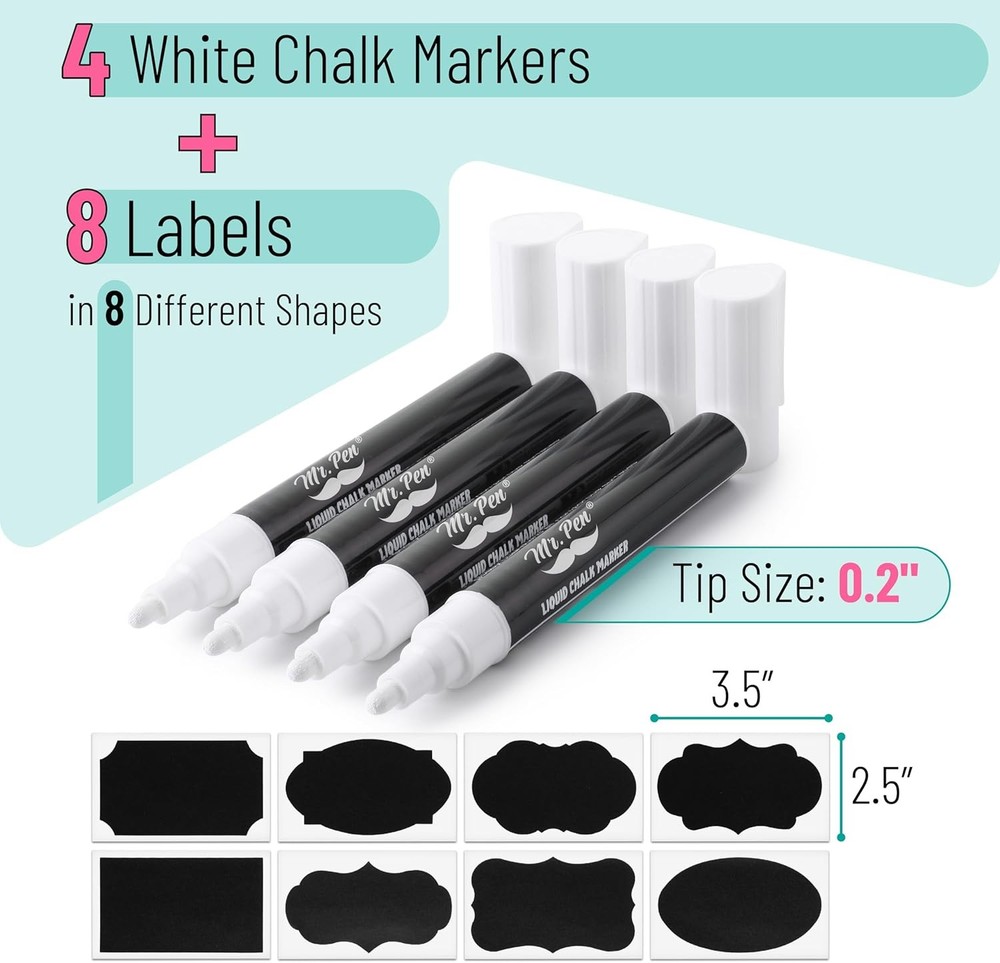 White Chalk Markers for Blackboard, 4 Pack, 8 labels