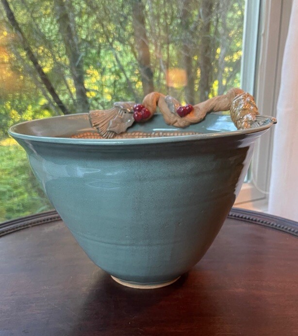 Handmade Holly Berry Pinecone Pottery Bowl Signed