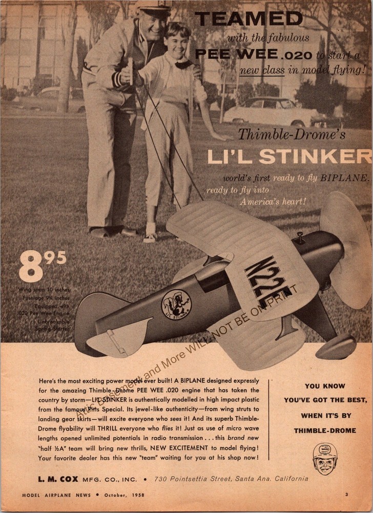 Cox Thimble-Drome Li'l Stinker RC Airplane Print Ad Wall Decor Ephemera Pee Wee