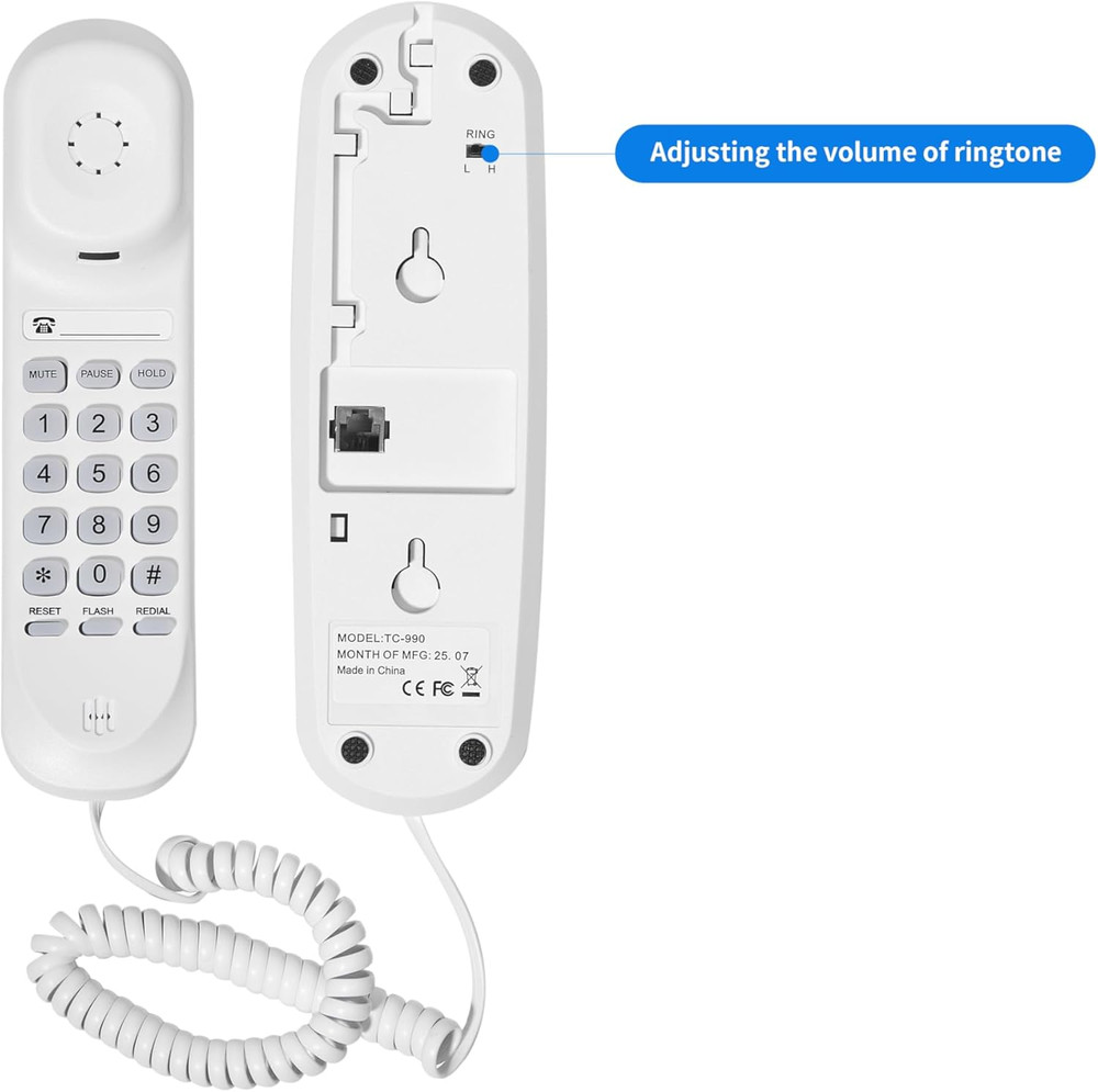 Adjustable Volume Ringtone OF-990 Slimline Telephone Wall-Mountable Basic Corded