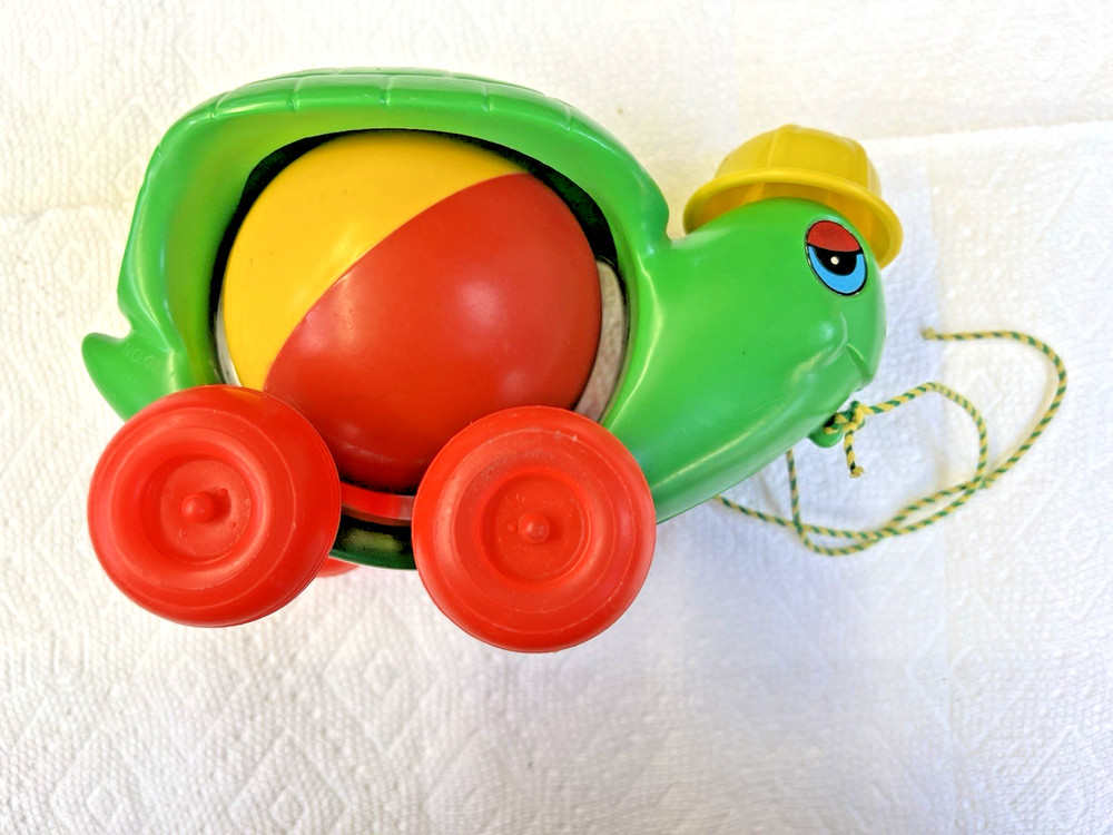 Kusan pull string toy vintage Turtle with a construction hat No 41 hard plastic