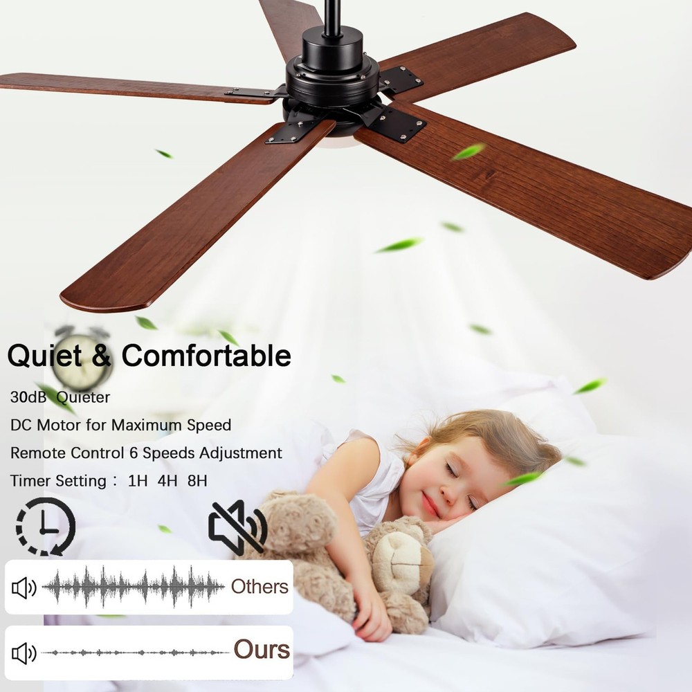 42" Lighted Ceiling Fan, Solid Wood Ceiling Fan, with Remote Control and DC M...