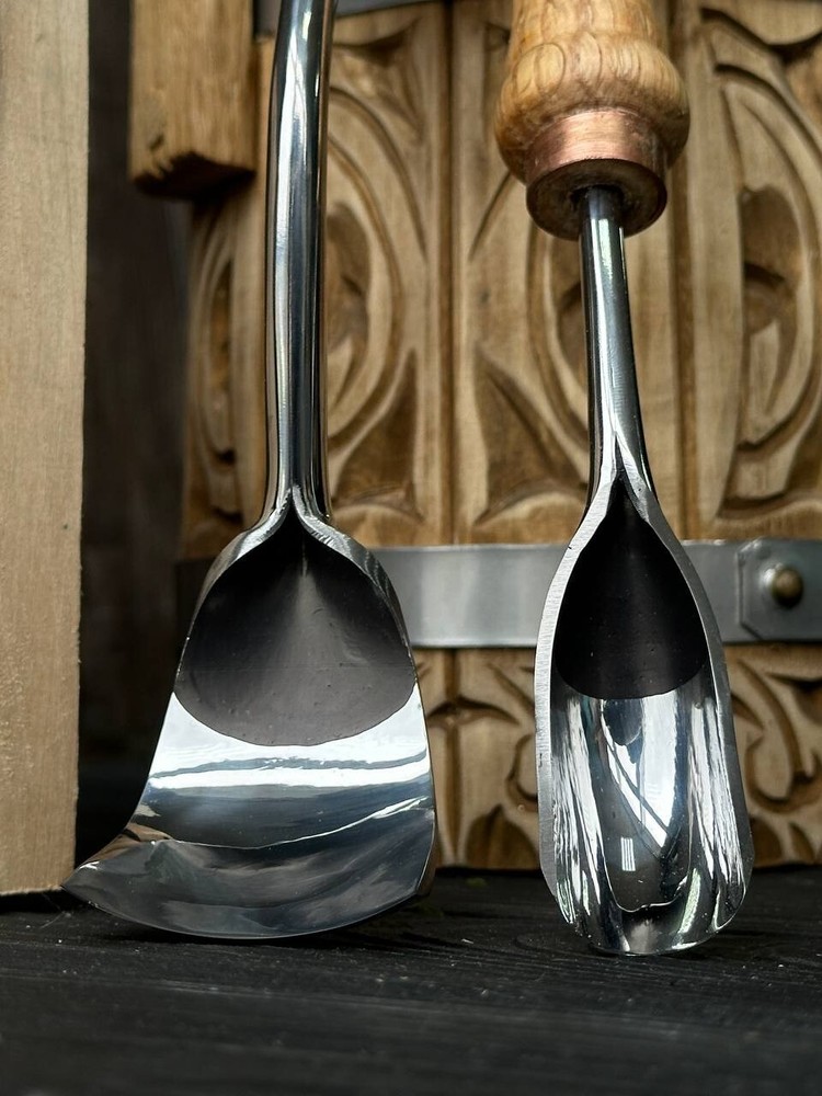 Set of large bent gouges for bowl and kuksa carving, Carbon steel spoon gouges