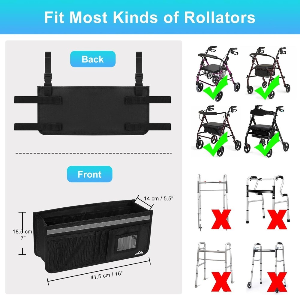 Rollator Basket, Rollator Walker Bag w/Cup Holder, Foldable Rolling Walker Wa...