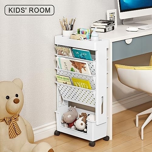 Mobile Bookshelf, Rolling Bookcase Book Storage Rack, Movable 5-Tier White