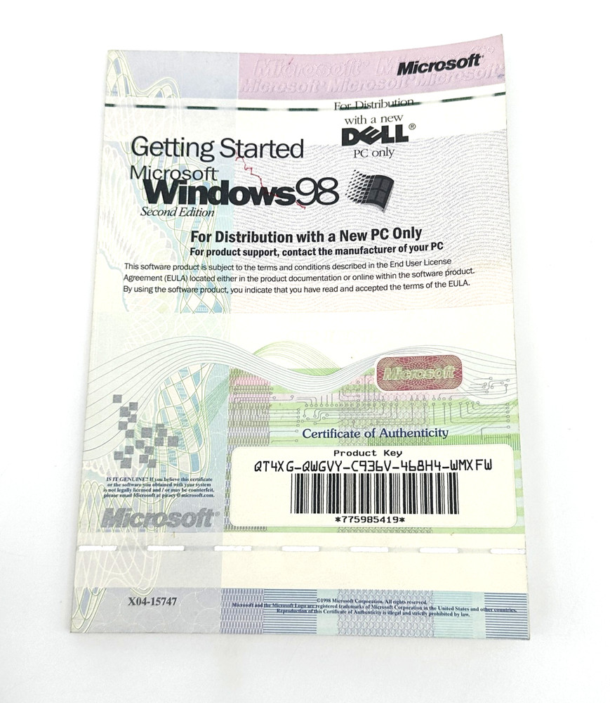 Microsoft Windows 98 Second Edition Getting Started Manual w/ COA Product Key