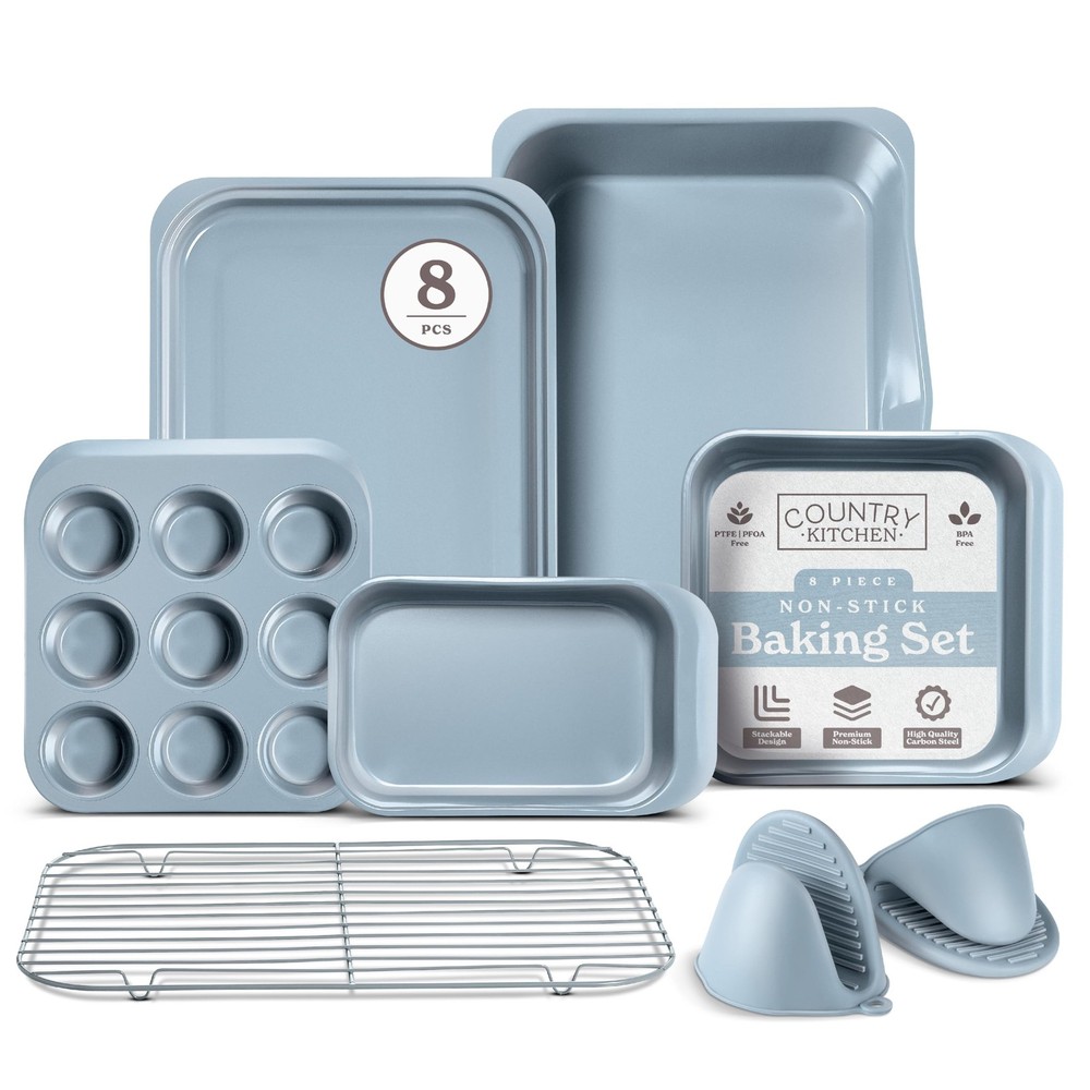 Country Kitchen Nonstick Stackable Bakeware Set - Deluxe 8 Pc, Light Blue